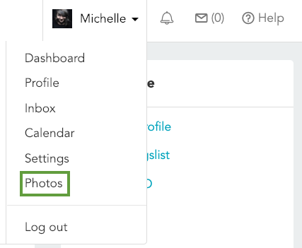 Select your name in the upper right corner of your Rover account, then select Photos from the dropdown menu.